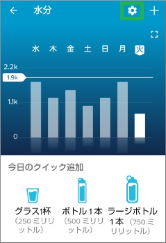 Fitbitアプリのダッシュボードの水分設定