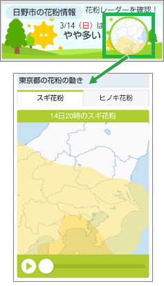 Yahoo!天気アプリの花粉レーダー表示
