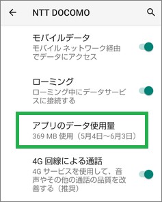 Androidの「モバイルネットワーク」の「アプリのデータ使用量」
