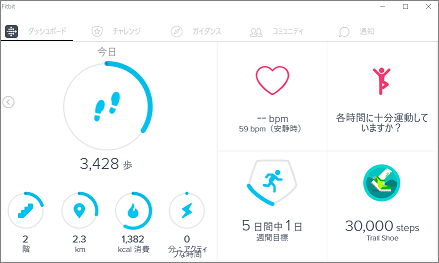 FitbitPCアプリのダッシュボード