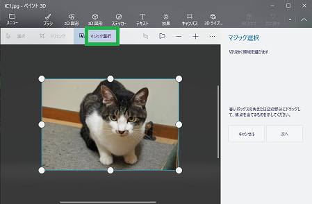 「ペイント3D」の「マジック選択」