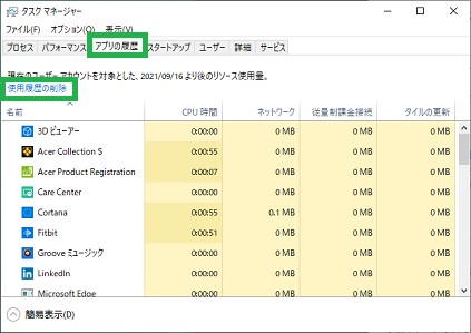 Windows10のタスクマネージャーの「アプリの履歴」