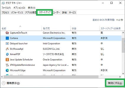 Windows10のタスクマネージャーの「スタートアップ」