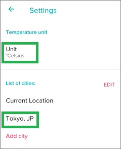 Fitbitの天気アプリの設定画面