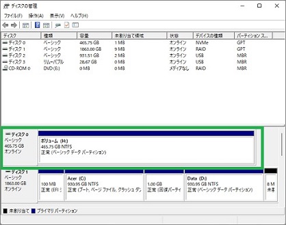 「ディスクの管理」に割り当てられたパーティション