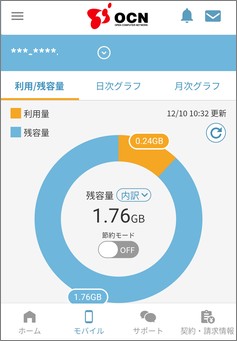 OCNアプリの画面
