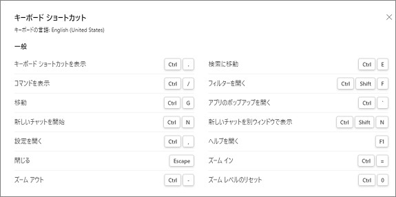 Teamsのキーボードショットカットキー